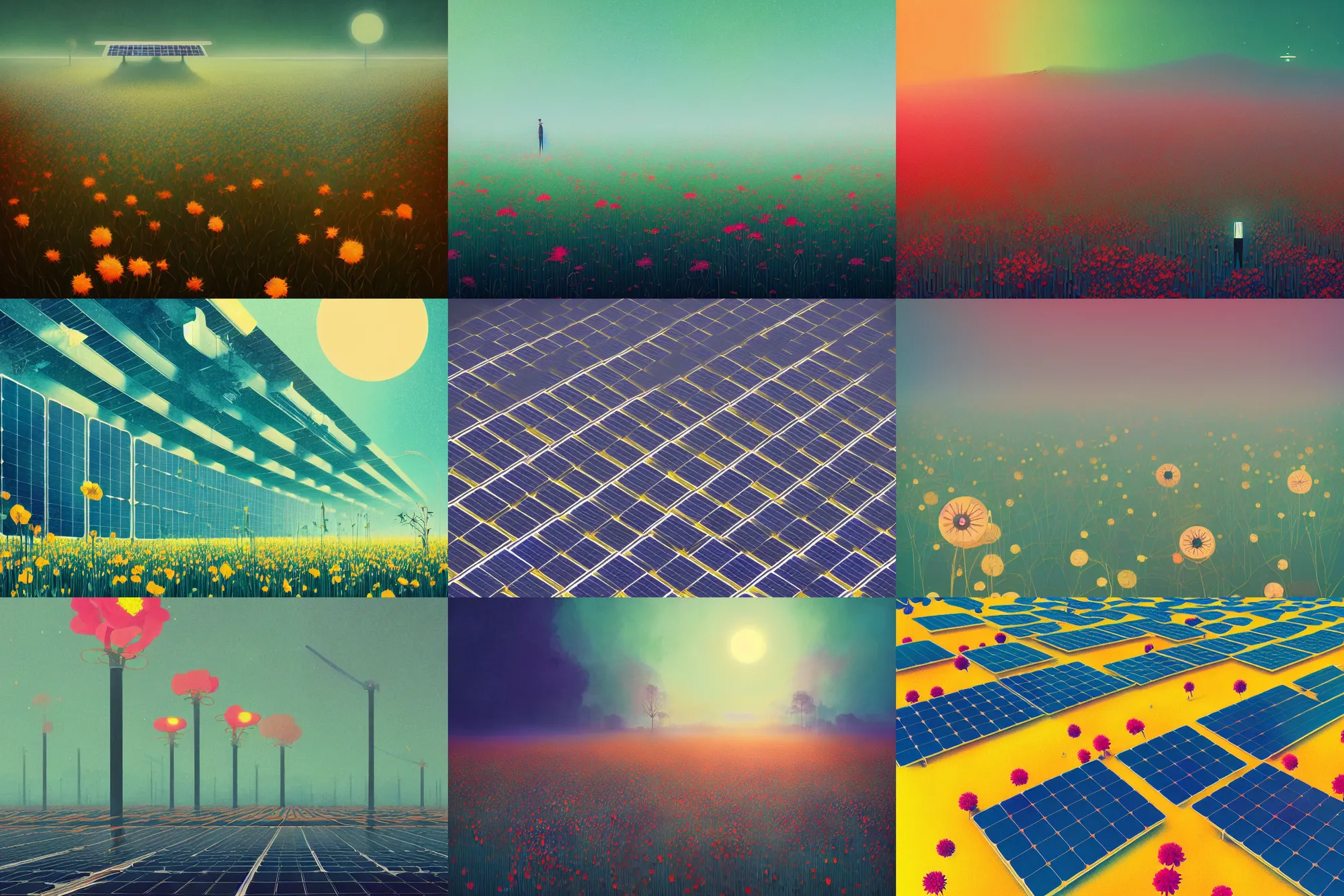 Prompt: portrait of field solar panels flowers growing between, colorful, modern art deco, mads berg, christopher balaskas, victo ngai, low fog, fine texture, detailed, muted colors, dramatic lighting, dynamic composition, matte print, wide angle, moody, stippled light