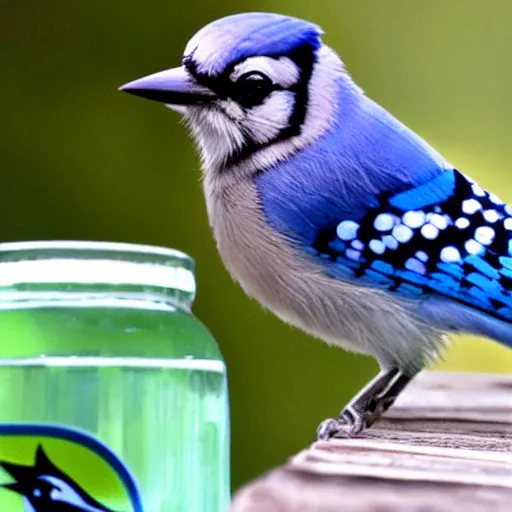 Prompt: bluejay next to a bottle of mountain dew