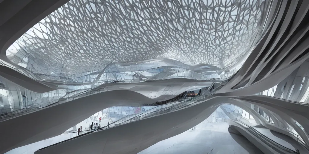 Image similar to extremely detailed stunning beautiful futuristic museum interior by Zaha Hadid