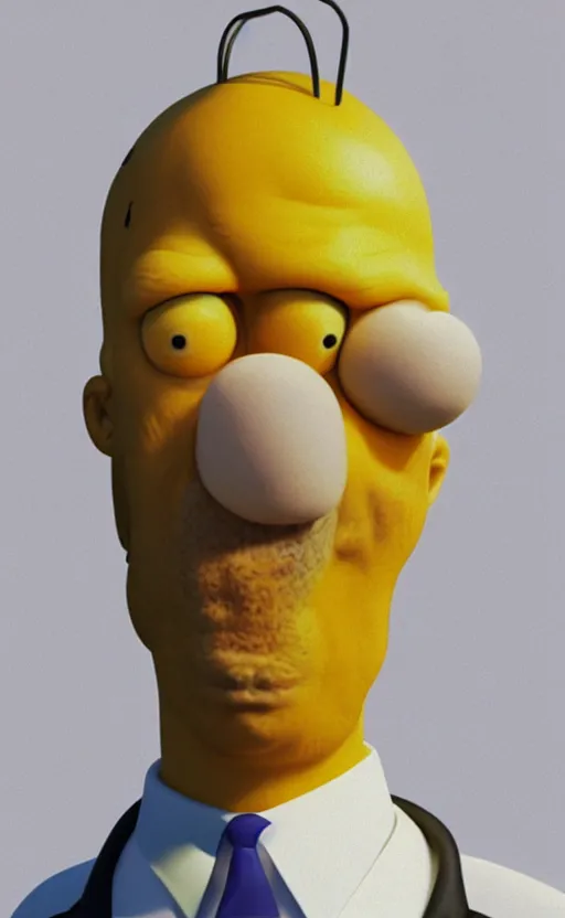 Prompt: 3D-Render of Homer Simpson in real life, hyperrealism, details, greasy face, big nose, big cartoon eyes, big lips, yellow skin, double chin, stubble, receding hairline, white shirt, close up, portrait, realism, Unreal Engine 5, 8K, photo, super-detailed, high quality, high resolution, 4K, HDR, ray tracing,
