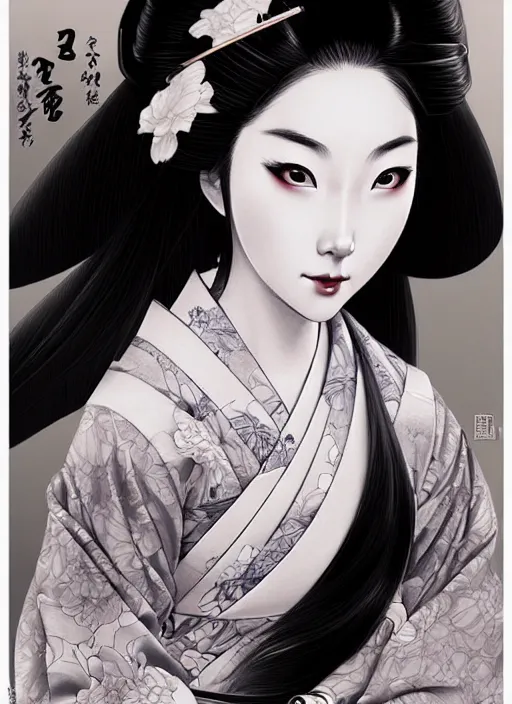 Image similar to lovely japanese geisha, character portrait, sketch, concept art, intricate details, highly detailed photorealistic, portrait, in the style of adam hughes, seseon yoon, artgerm and warren louw