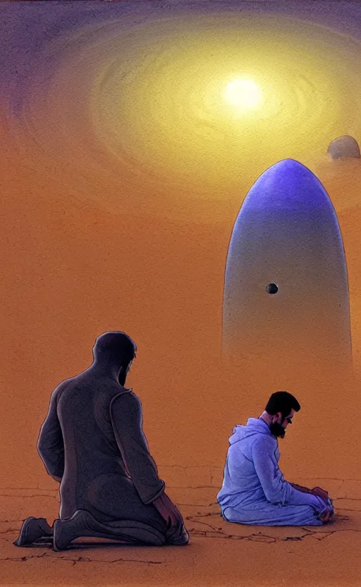 Prompt: a hyperrealist watercolour character concept art portrait of two middle eastern men kneeling down in prayer in front of a 1 2 ft. thin alien on a misty night in the desert. a ufo is in the background. by rebecca guay, michael kaluta, charles vess and jean moebius giraud