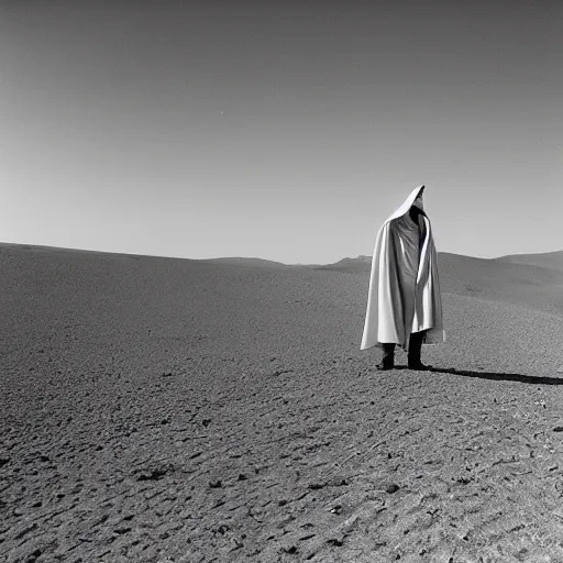 Image similar to a man wearing a long cloak and hood, in the desert, film still, arriflex 3 5