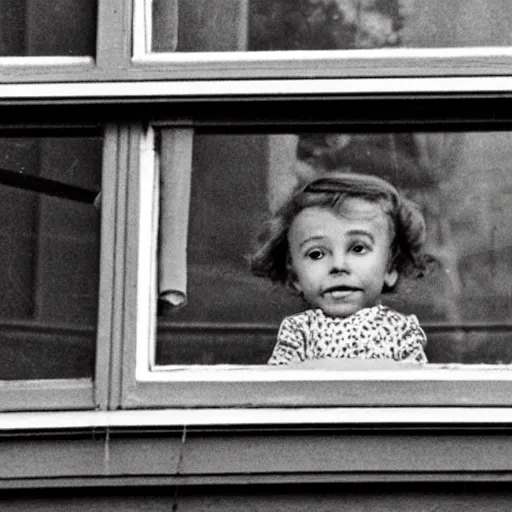 Image similar to Zoomed cropped closeup of unexpected voyeuristic eye contact with neighbor in window, Technicolor, telephoto lens, vintage photograph