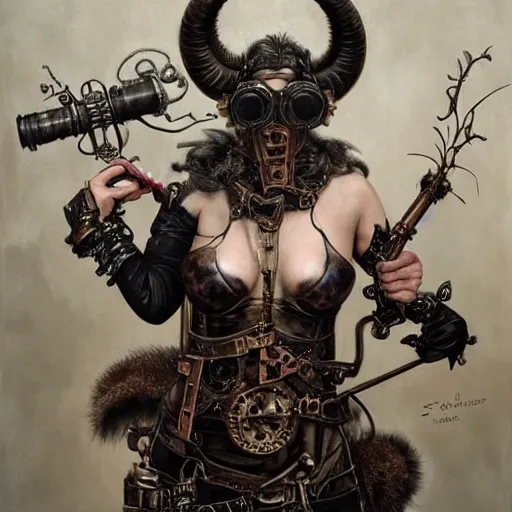 Image similar to a hyperrealistic portrait painting of a beautiful woman with demonic horns wearing steampunk goggles and ornate leather armor, holding a hi - tech weapon, by santiago caruso, highly detailed,