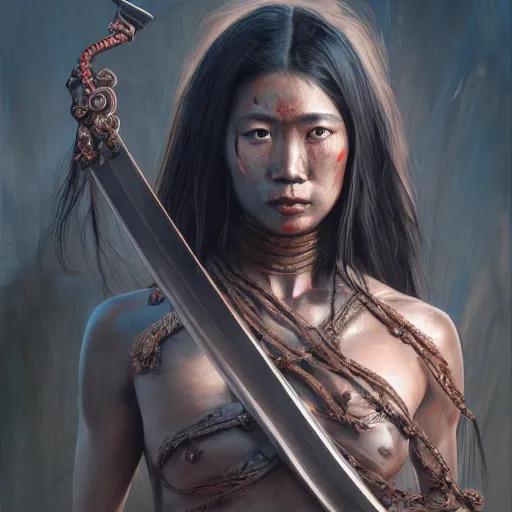 Prompt: wide painting of dark muscular oiled nepali woman, bloody, carrying a sword, symmetric, veins, ultra realistic, concept art, intricate details, eerie, highly detailed, photorealistic, octane render, 8 k, unreal engine. art by artgerm and greg rutkowski and alphonse mucha