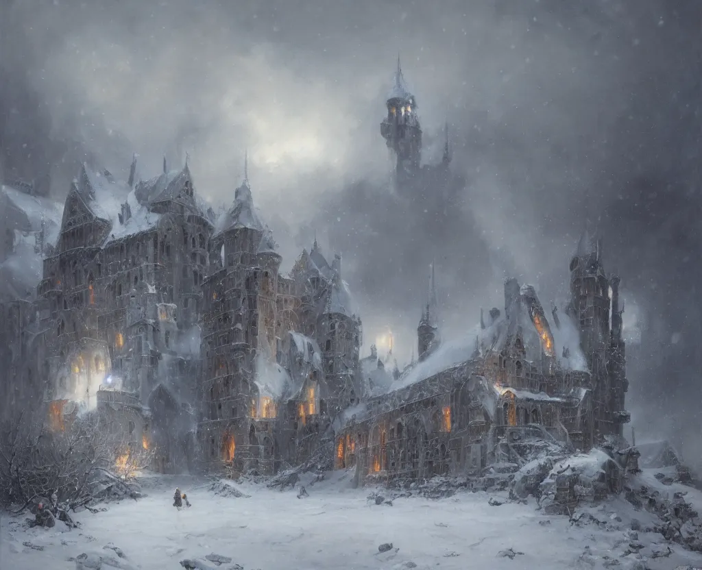 Prompt: Siege of a pipe organ castle in winter, heavy snow storm, fantasy, medieval, fire, explosions and grey smoke here and there, highly detailed, Artstation, oil on canvas painting by greg rutkowski and alan lee