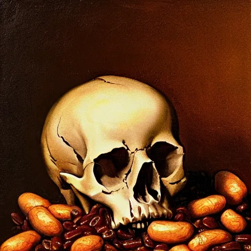 Prompt: Baroque still life painting of a skull overflowing with baked beans