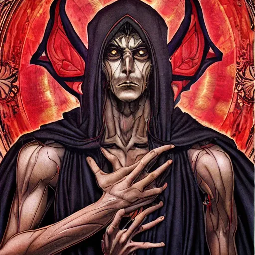 Image similar to 4K headshot portrait of godlike Warlock of Nazareth with defined arms and open hands and bloody clothes with giant mandala wings , intricate face , flawless anime cel animation by Kentaro Miura, psychedelic , highly detailed upper body , professionally post-processed , beautiful, scary, symmetry accurate features, epic, octane rendered, anime masterpiece, accurate by Craig Mullins, ilya kuvshinov, krenz cushart, epic , artgerm trending on artstation by Edward Hopper and Dan Mumford and WLOP and Rutkovsky, beksinski carl spitzweg moebius and tuomas kocar, intricate artwork by caravaggio, Unreal Engine 5, Lumen, Nanite