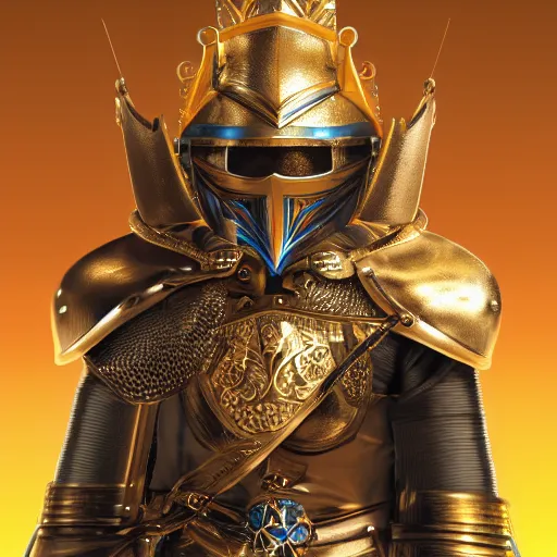 Image similar to a highly detailed knight in a T golden helmet and a golden crown with a blue diamond in the center of the crown, golden armor, leather clothes under the armor, leather gloves, holds a black sword, artstation, DeviantArt, professional, octane render, sunset lighting