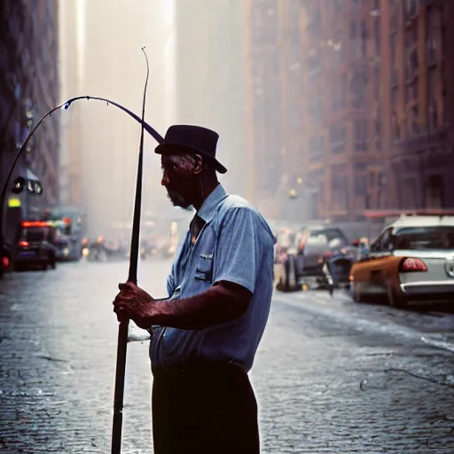 Prompt: closeup portrait of a man fishing in a smoky new york back street, by Annie Leibovitz and Steve McCurry, natural light, detailed face, CANON Eos C300, ƒ1.8, 35mm, 8K, medium-format print