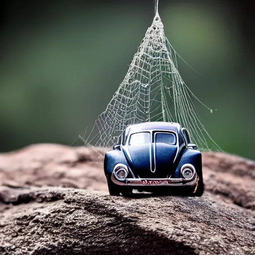 Image similar to a miniature volkswagen beetle hanging from a spider web. the spider can be seen in the background. very very very very very very very very very very very very very photorealistic. nature photography. macrophotography. NIKON D800E + 105mm f/2.8 @ 105mm, ISO 400, 1/1000, f/3.5