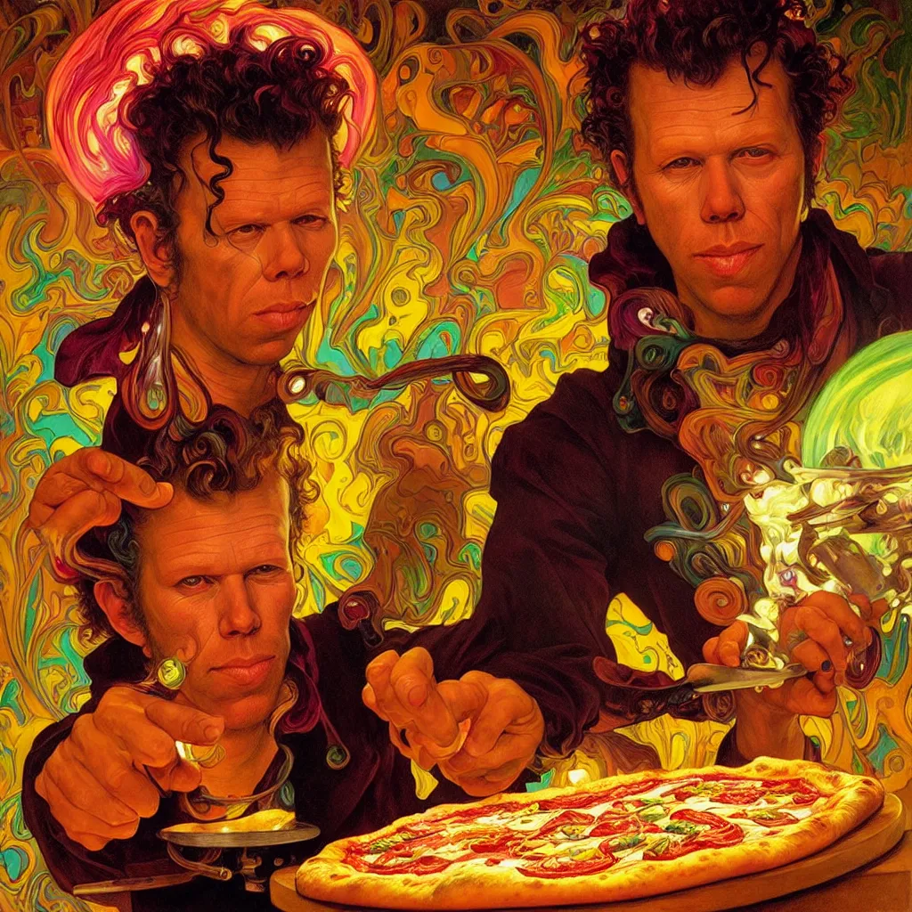 Image similar to bright psychedelic portrait of tom waits baking pizza, diffuse lighting, fantasy, intricate, elegant, highly detailed, lifelike, photorealistic, digital painting, artstation, illustration, concept art, smooth, sharp focus, art by John Collier and Albert Aublet and Krenz Cushart and Artem Demura and Alphonse Mucha