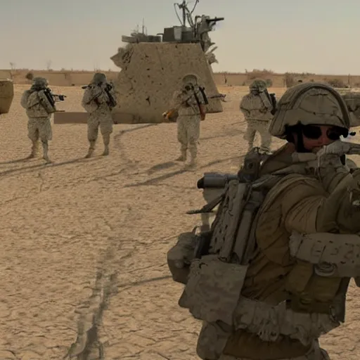 Prompt: us marines fighting the giant of kandahar, highly detailed, photorealistic, cinematic lightining