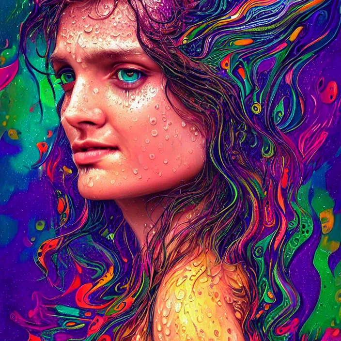 Image similar to bright psychedelic portrait with rain on face and wet hair, wings, smiling, diffuse lighting, fantasy, intricate, elegant, highly detailed, lifelike, photorealistic, digital painting, artstation, illustration, concept art, smooth, sharp focus, art by John Collier and Albert Aublet and Krenz Cushart and Artem Demura and Alphonse Mucha