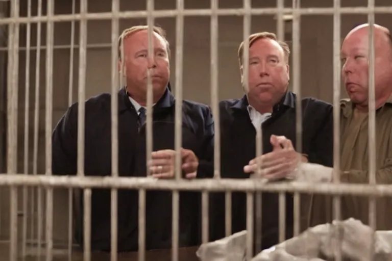 Image similar to movie still of donald trump and alex jones in jail, photograph, tv show, cinematic