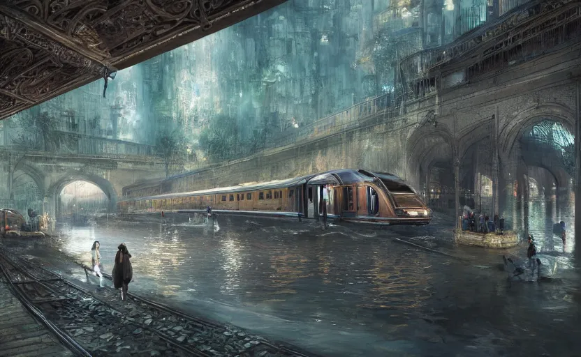 Image similar to An urban train rides inside of a waterway on a fantasy city, next to a fountain and a mystical palace, intricate, elegant, volumetric lighting, digital painting, highly detailed, artstation, sharp focus, illustration, concept art, ruan jia, steve mccurry