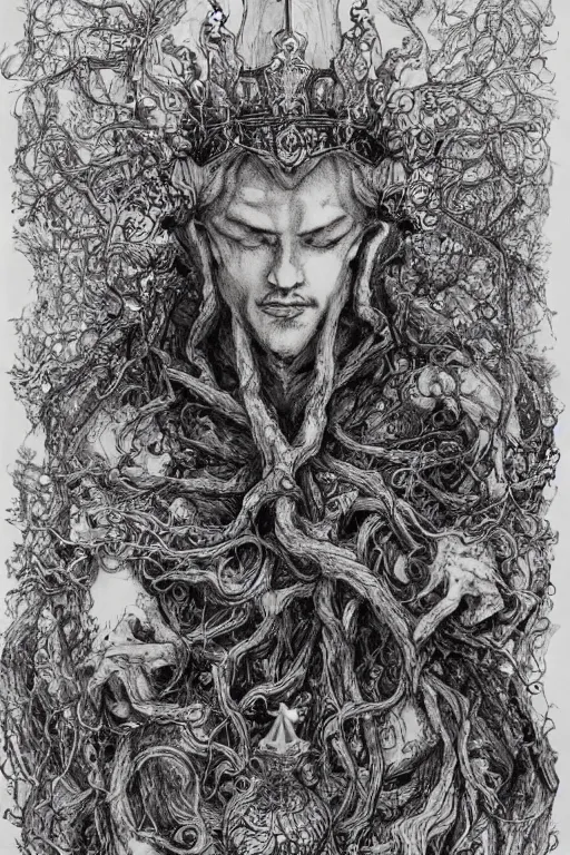 Image similar to portrait The King of Fools, With a Jesters crown, Wings lift him up, Roots hold him down, pen and ink, intricate line drawings, by Yoshitaka Amano, Ruan Jia, Kentaro Miura, Artgerm, watercolor