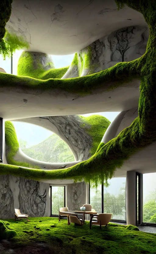 Image similar to highly detailed villa natural beautiful light interior soft cinematic composition of a smooth ceramic porcelain biomorphic magnolia stone nebula fluid sci - fi surreal architecture landscape, furniture, granite, trees, marble, moss, lichen, fungi, vincent callebaut composition, mamou - mani, archviz, 8 k, unreal engine, hdr