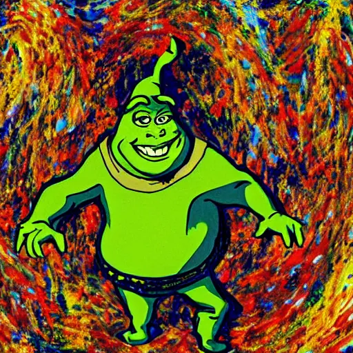 Image similar to shrek in the style of a jackson pollock painting