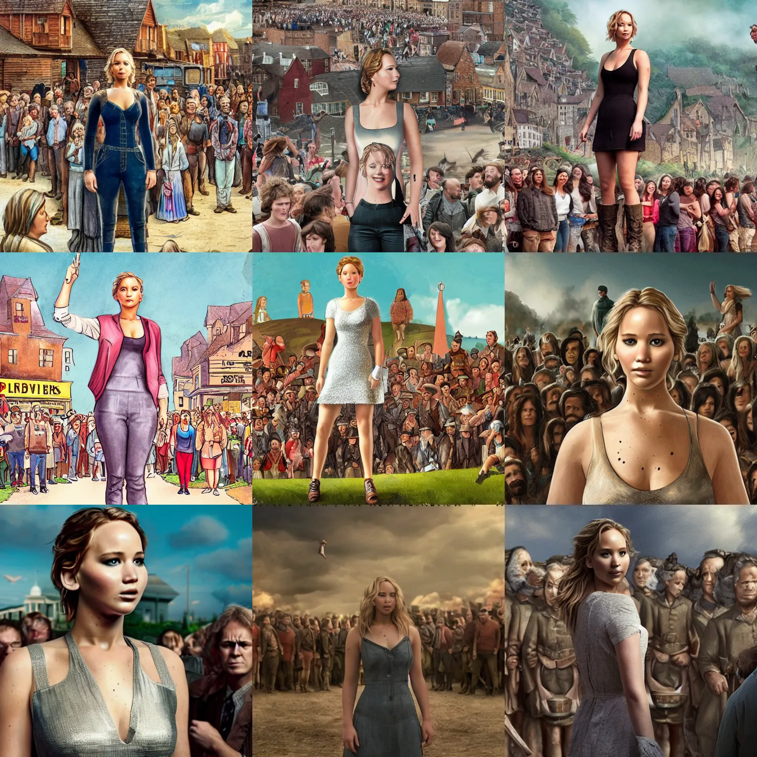 Prompt: Giant Jennifer Lawrence stands next to a town, surrounded by people, illustration, Gulliver's Travels