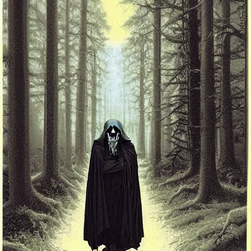 Prompt: portrait of a man in a long flowing hooded cloak and a skull mask on a path of a dark forest, ray traced lighting by Gerald Brom and Norman Rockwell