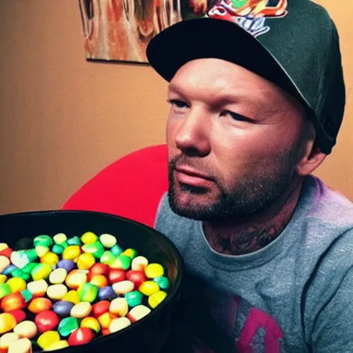 Image similar to “ fred durst eating a giant bowl of skittles ”