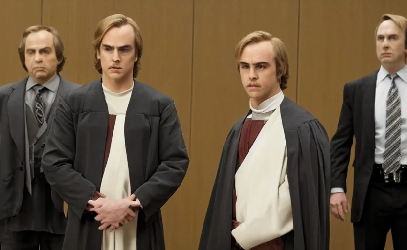 Image similar to anakin skywalker played by hayden christensen wearing jedi robes is talking to a lawyer saul goodman played by bob odenkirk wearing a suit in court, better call saul court scene 1 0 8 0 p, jimmy mcgill in court, court session images, realistic faces