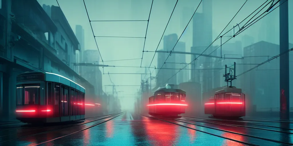 Image similar to tram on the viaduct ， foggy ， tyndall effect ， blade runner 2 0 4 9, 4 k resolution, ultra wide angle, cinematic, octane render