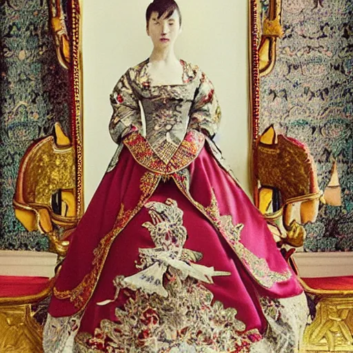 Image similar to An empress bridal ensemble is shown in a museum in a 1900s historical fantasy portrait that combines Russian and Japanese influences.