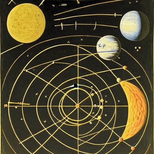 Image similar to a parade of disconnected images : astronomical diagrams projecting the distances between celestial bodies, a painting by giorgio de chirico, a list of unpopular anagrams.