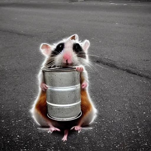 Image similar to “ hamster dressed as a homeless person sitting at an intersection with arms stretched out holding a tin can, trash on ground, sad atmosphere ”