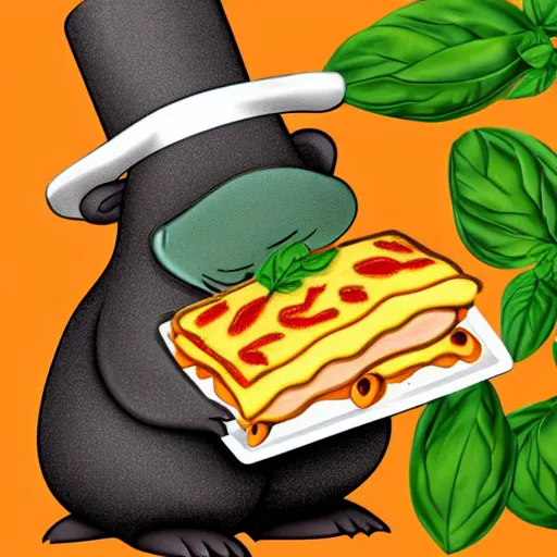 Prompt: cute platypus wearing a chef hat and holding a lasagna with three basil leaves over the lasagna, pixar style, ultradetailed, dramatic