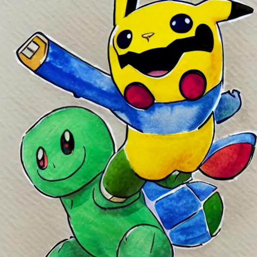 Image similar to bitcoin inspired pokemon, ken sugimori art, original 1 5 1, watercolor