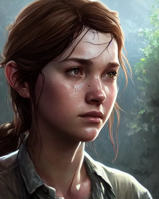 Prompt: Ellie (Last of Us), closeup, D&D, fantasy, intricate, elegant, highly detailed, digital painting, artstation, concept art, matte, sharp focus, illustration, hearthstone, art by Artgerm and Greg Rutkowski and Alphonse Mucha