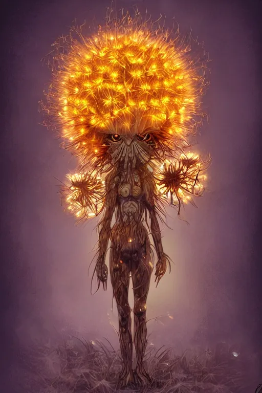 Prompt: a humanoid figure glowing dandelion plant monster, amber eyes, highly detailed, digital art, sharp focus, ambient lighting, autumn, trending on art station, anime art style