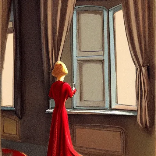 Image similar to a woman in an open dress royal dress looking out a castle window, ArtStation trending, detailed, digital art, calm colors, 1930s Childrens book