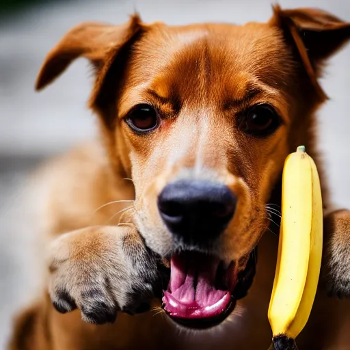 Prompt: A dog eating a banana, (EOS 5DS R, ISO100, f/8, 1/125, 84mm, postprocessed, crisp face, facial features)