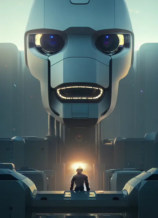 Prompt: the android robot works in the data center closeup macro face, cinematic view, epic sky, detailed, concept art, low angle, high detail, warm lighting, volumetric, godrays, vivid, beautiful, trending on artstation, by jordan grimmer, huge scene, grass, art greg rutkowski