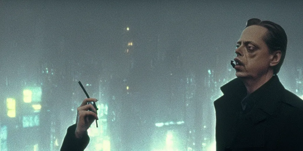 Image similar to beautiful cinematic film still of steve buscemi smoking a cigarette on a building top overlooking the rainy city in blade runner, 4 k