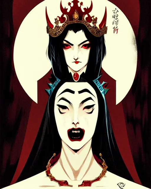 Image similar to beautiful vampire queen with crown, symmetrical face, evil, portrait, cinematic, dramatic, powerful, super detailed and intricate, by koson ohara, by darwyn cooke, by greg rutkowski, by satoshi kon