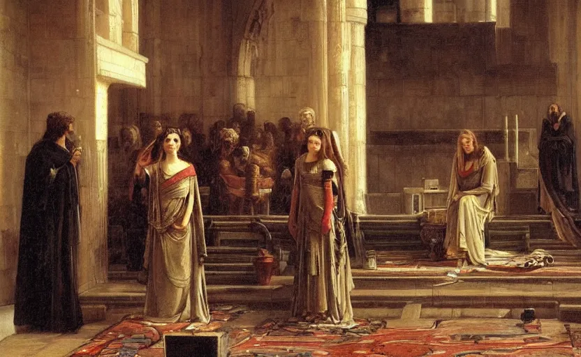 Prompt: an extremely detailed, realistic painting of penelope : : a beautiful queen on a platform in a throne room : : ancient greece : : thick smoke : : a throne room filled with servants : : old beggar in the foreground : : in the style of john william waterhouse, frederick s. church, john collier, mysterious mood, cinematic