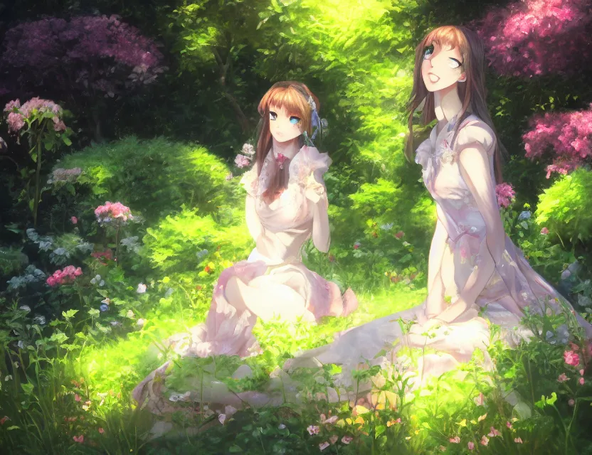 Prompt: unbecoming unattractive princess in the garden. oil painting by award - winning mangaka. backlighting, chiaroscuro, depth of field, luminescent colors.