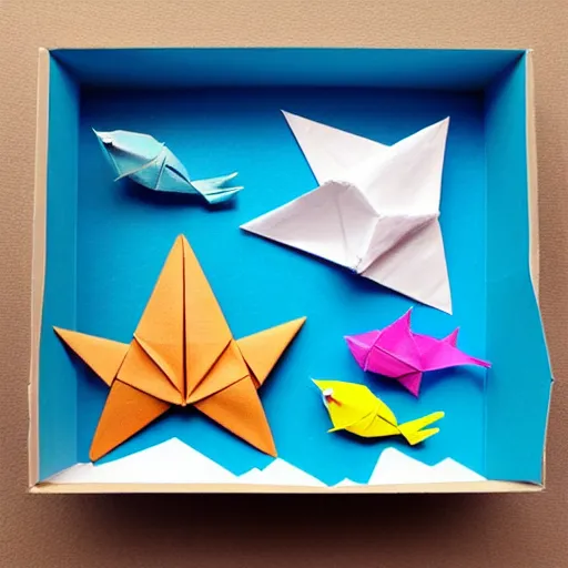 Prompt: origami sea creatures in a paper ocean diorama