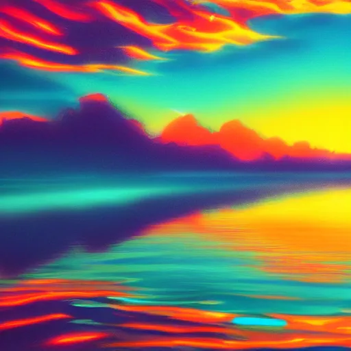 Prompt: A synthwave style sunset above the reflecting water of the sea, concept art