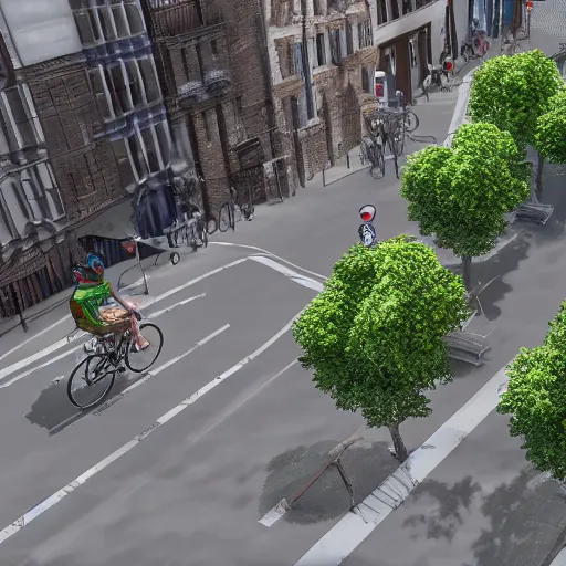 Image similar to A bike flying over a street, realistic, ultra high detail, 8k.