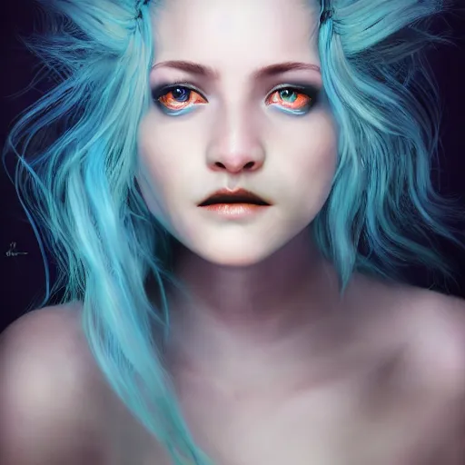 Image similar to The dragon girl portrait, portrait of young girl half dragon half human, dragon girl, dragon skin, dragon eyes, dragon crown, blue hair, long hair, highly detailed, cinematic lighting, Matte painting by David Lynch