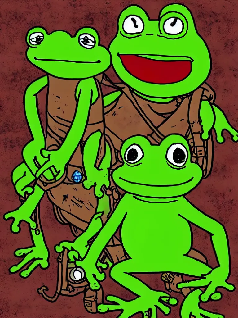 Prompt: resolution hyper realistic cave raider weathered background happiness of pepe love and life read dead redemption 2 pepe the frog primordial pepe dragon worshiped by tiny pepe adventurers the value of love a clear prismatic of love, warm ,pepe the frog , art in the style of Akihito Tsukushi and and Arnold Lobel , claymation