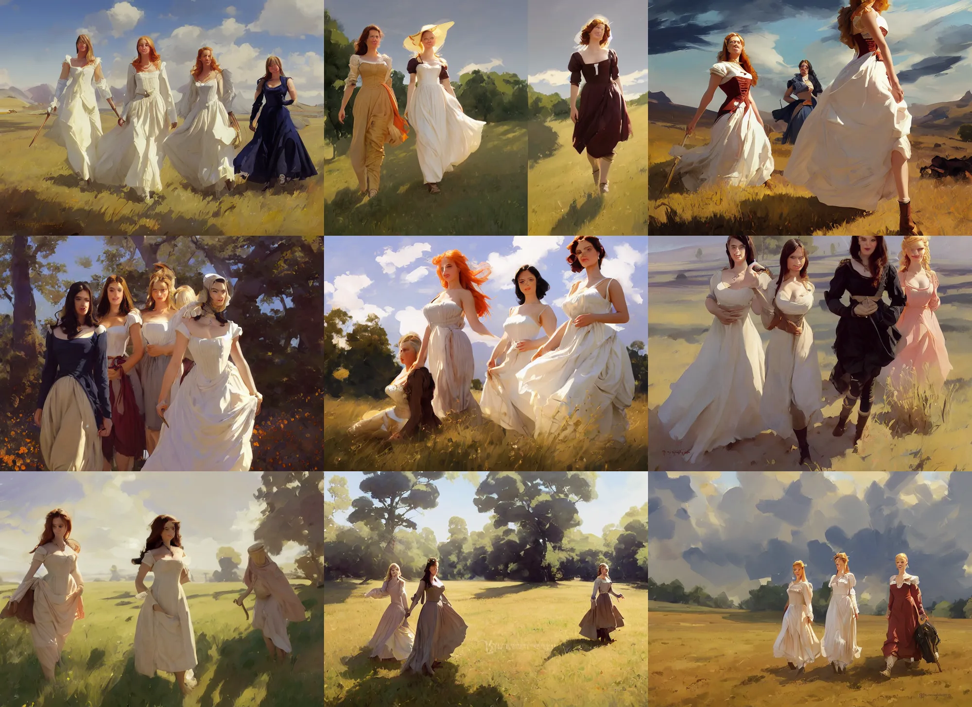 Prompt: three beautiful finnish norwegian swedish scandinavian attractive glamour models wearing 1 7 th century bodice with low neckline walking in the feild in a sunny day, jodhpurs greg manchess painting by sargent and leyendecker, studio ghibli fantasy asymmetrical intricate elegant matte painting illustration hearthstone, by greg rutkowski by greg tocchini by james gilleard