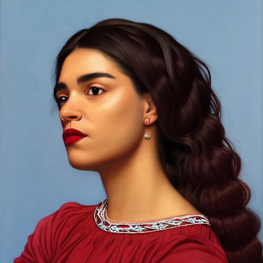 Prompt: a mexican woman's face in profile, maroon lips, white background, dynamic, ultra detailed, 4 k, illustration, by kehinde wiley, kadir nelson, john william waterhouse